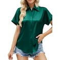 thumbnail image 1 of LilyLLL Fashion Womens Satin Silk Short Sleeve Buttons Down Shirt Shiny Blouse Tops, 1 of 4