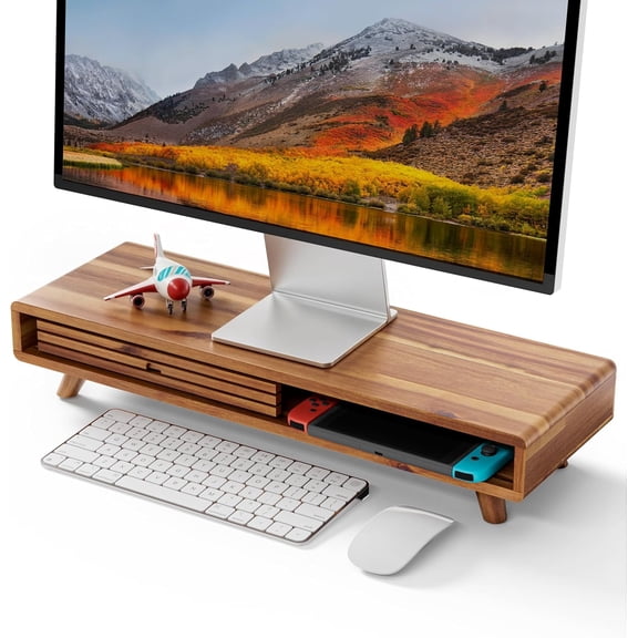 TIDITA Acacia Monitor Stand Riser with Sliding Door - Wooden Monitor Riser for Desk - Computer Monitor Stand for Desk - Multi-Purpose Desktop Storage Stand for Computer; Laptop; TV(24.4 " x 8" x 5")