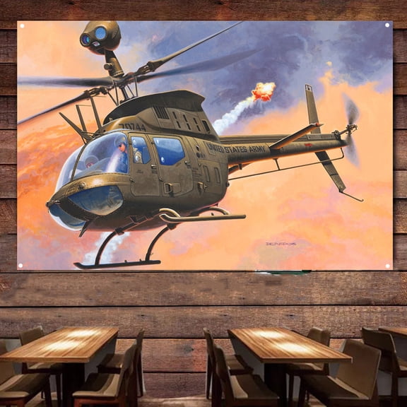 OH-58D Kiowa Attack Helicopter Banner Wall Art Canvas Banner - 38" x 57" Aviation Military Artwork with Attack Aircraft Posters - Hanging Flag Tapestry For Air Force Veterans Collection
