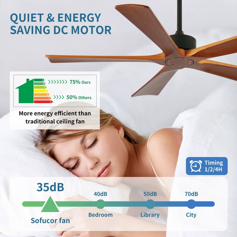 60 Inch Wood Ceiling Fan with Remote, 5 Blades Quiet DC Motor, 6