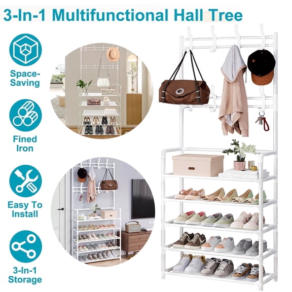 5-Tier Hall Tree with Shoe Storage,Coat,Shoe Rack and Plant Stand,8 Removable Hooks and 5 Storage Shelves for Hallway, Bedroom, Dorm,Entryway,Garden,White,23.6x10.2x 67.7"