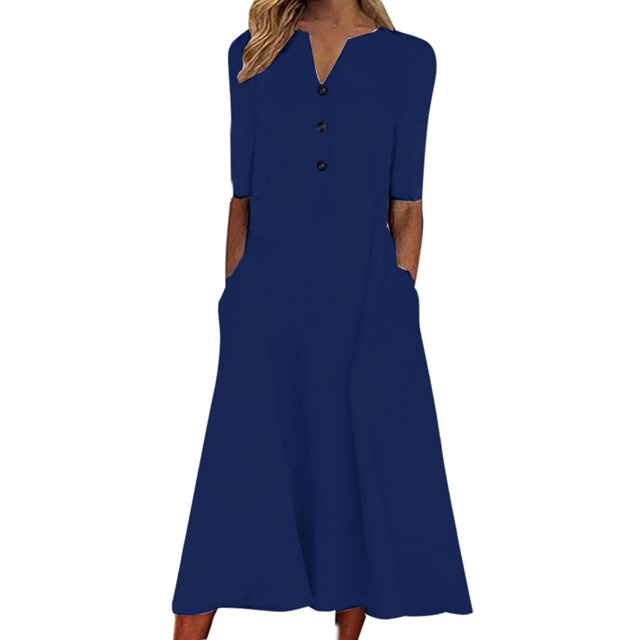 QJUHUNG Midi pour Femme Été Décontracté en Vrac Boho Imprimé Floral Col Rond Manches Courtes Genou Longueur Robe Froncée avec Poches