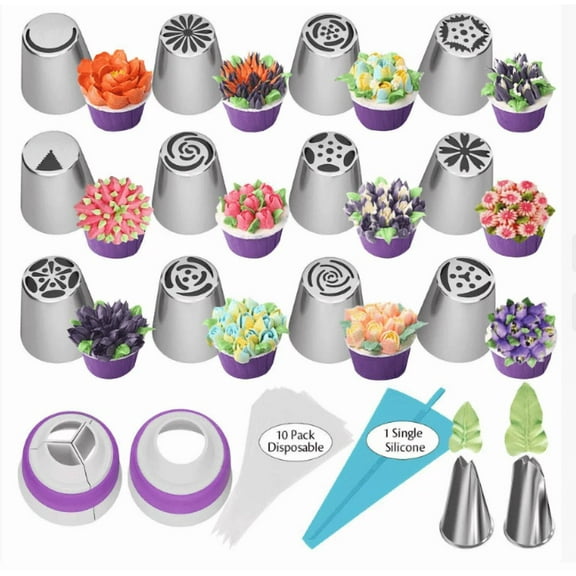 A 14-piece reusable frosting piping kit, including 10 disposable piping bags and stainless steel Russian piping tips, for decorating cupcakes, cookies, and more.