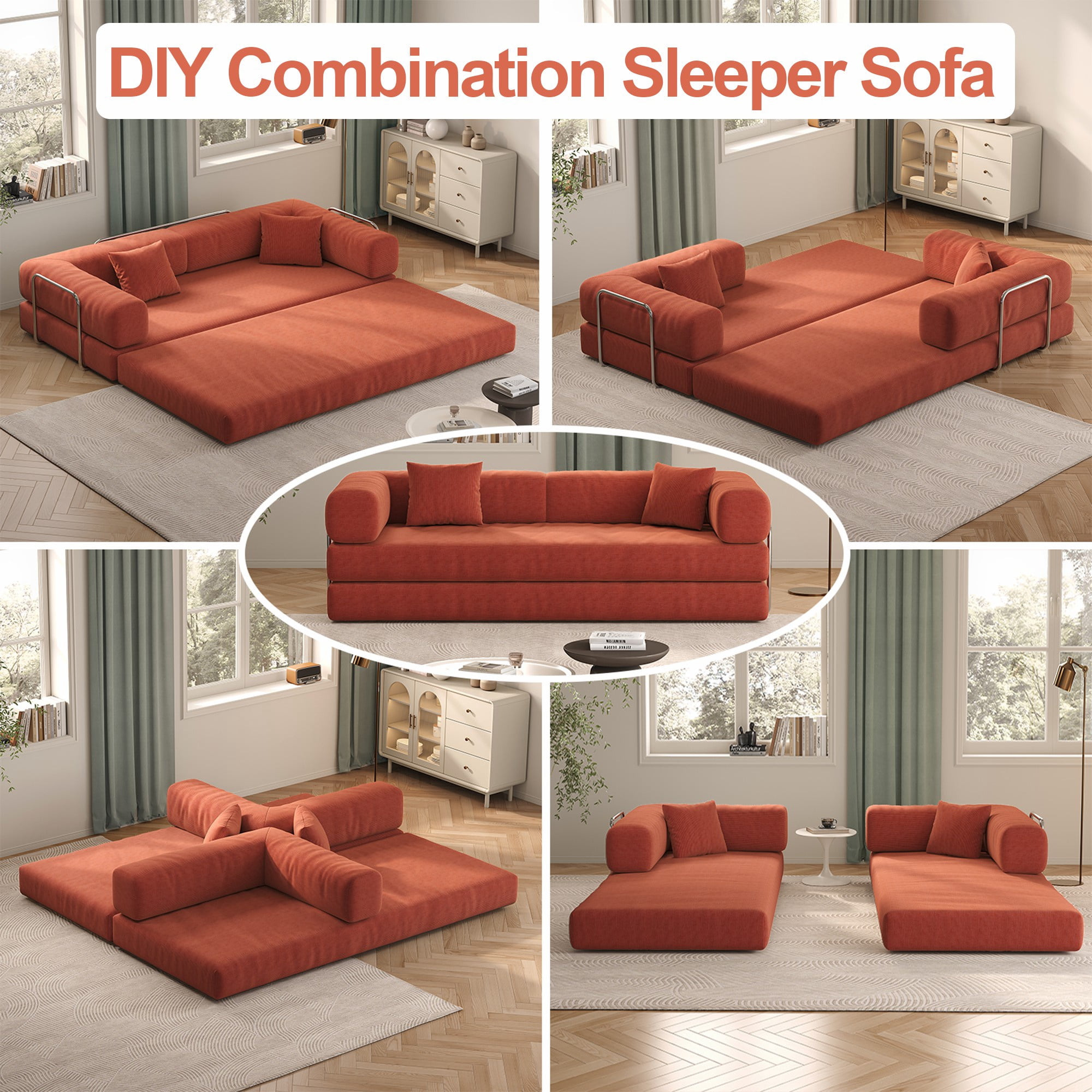 79" Convertible Sofa Bed CARZZI LIFE Compressed Floor Boneless Couch Modular Corduroy Sleeper Sofa, Folding Mattress Couch for Small Spaces - No Assembly Needed in Orange (Includes 2 Pillows)