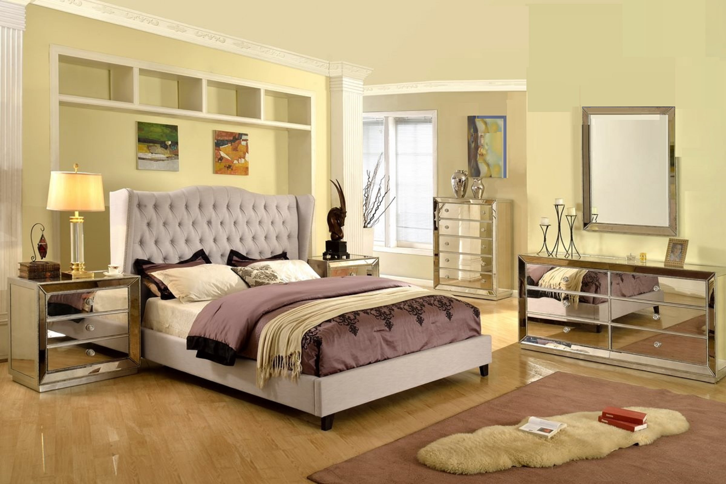 Formal Silver Mirrored Jameson Bedroom Set Taupe Color