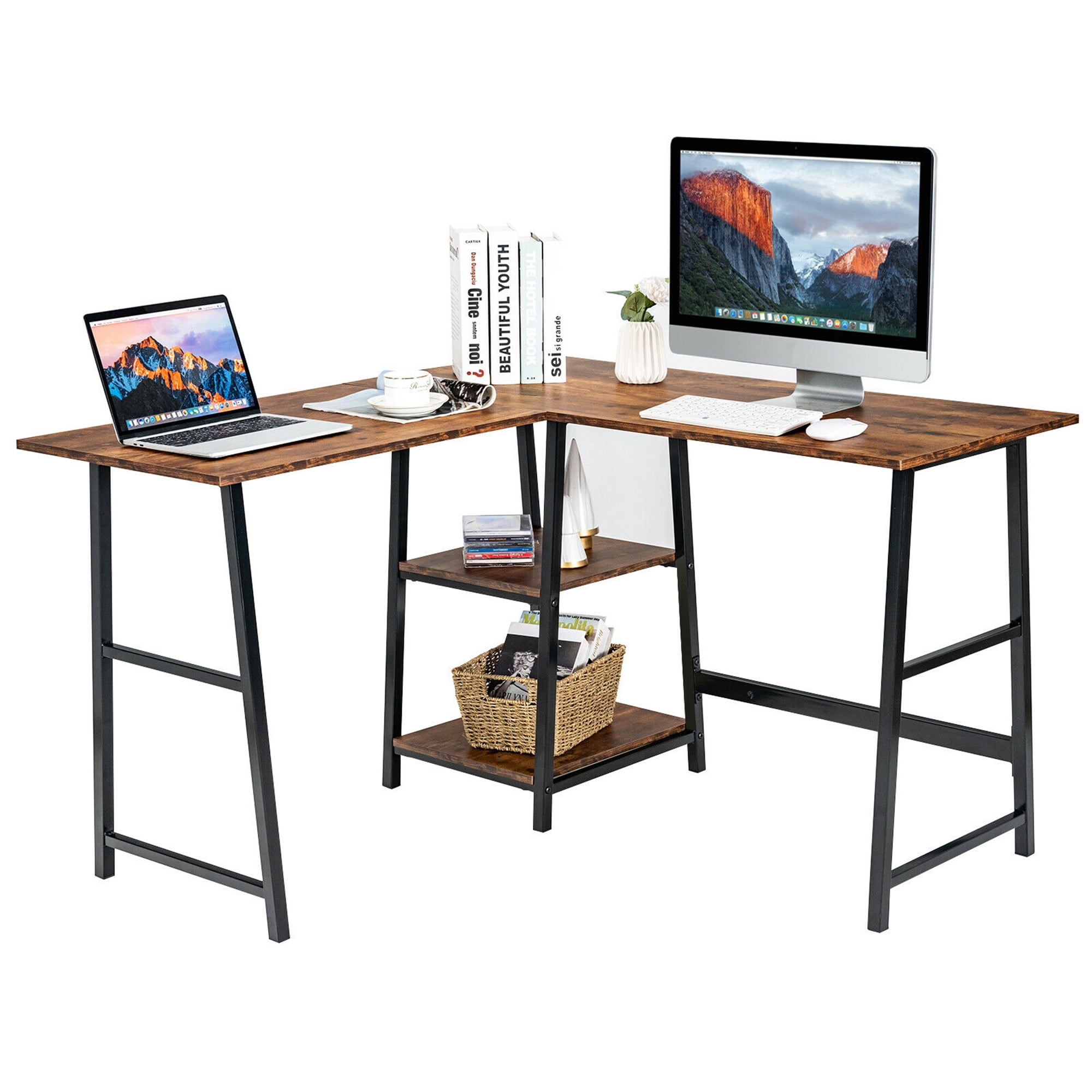 Gymax L Shaped Study Table Corner Computer Desk w/Storage Shelves Brown