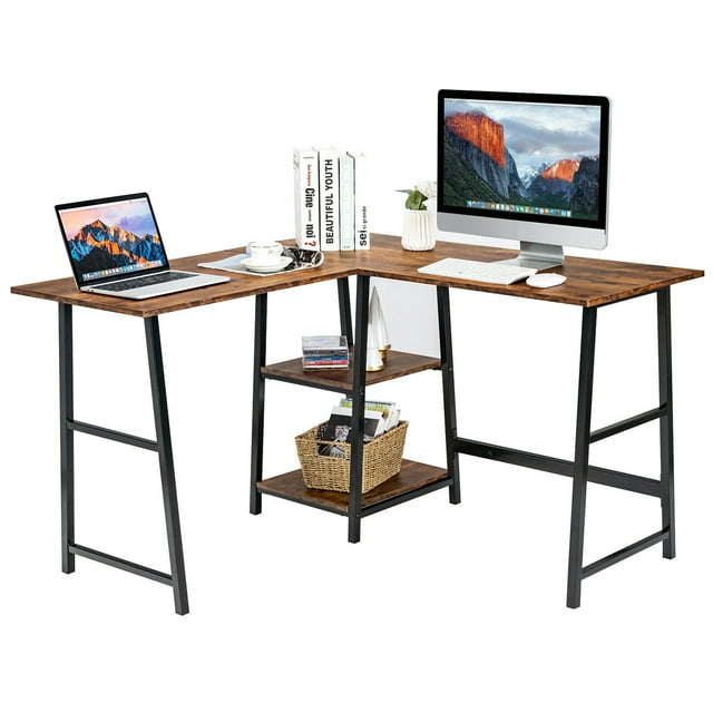 Gymax L Shaped Corner Computer Desk Study Table w/Storage Shelves Rustic Brown