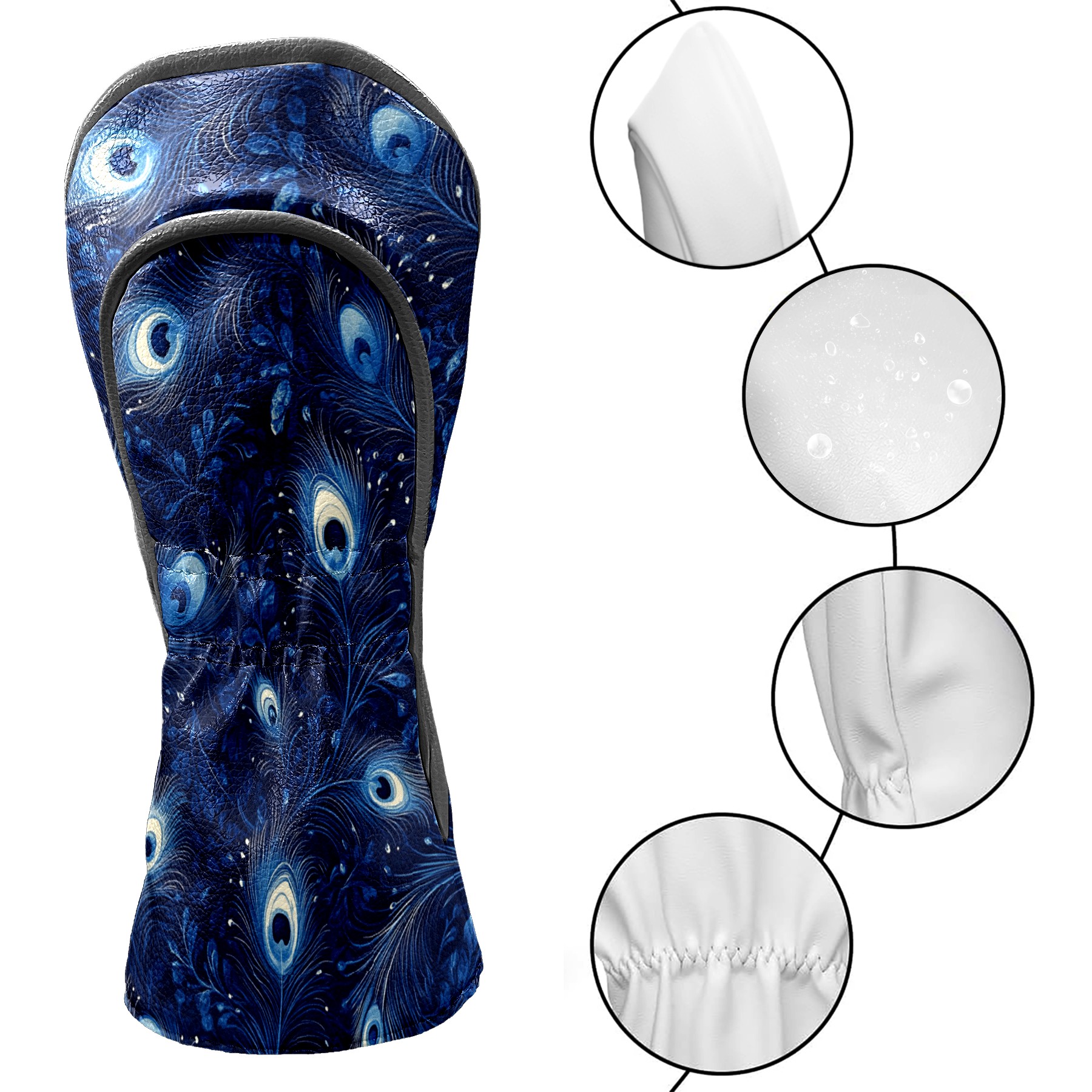 Golf Club Covers PU Leather Waterproof Head Covers for Fairway Woods Hybrids Blue Peacock Feathers