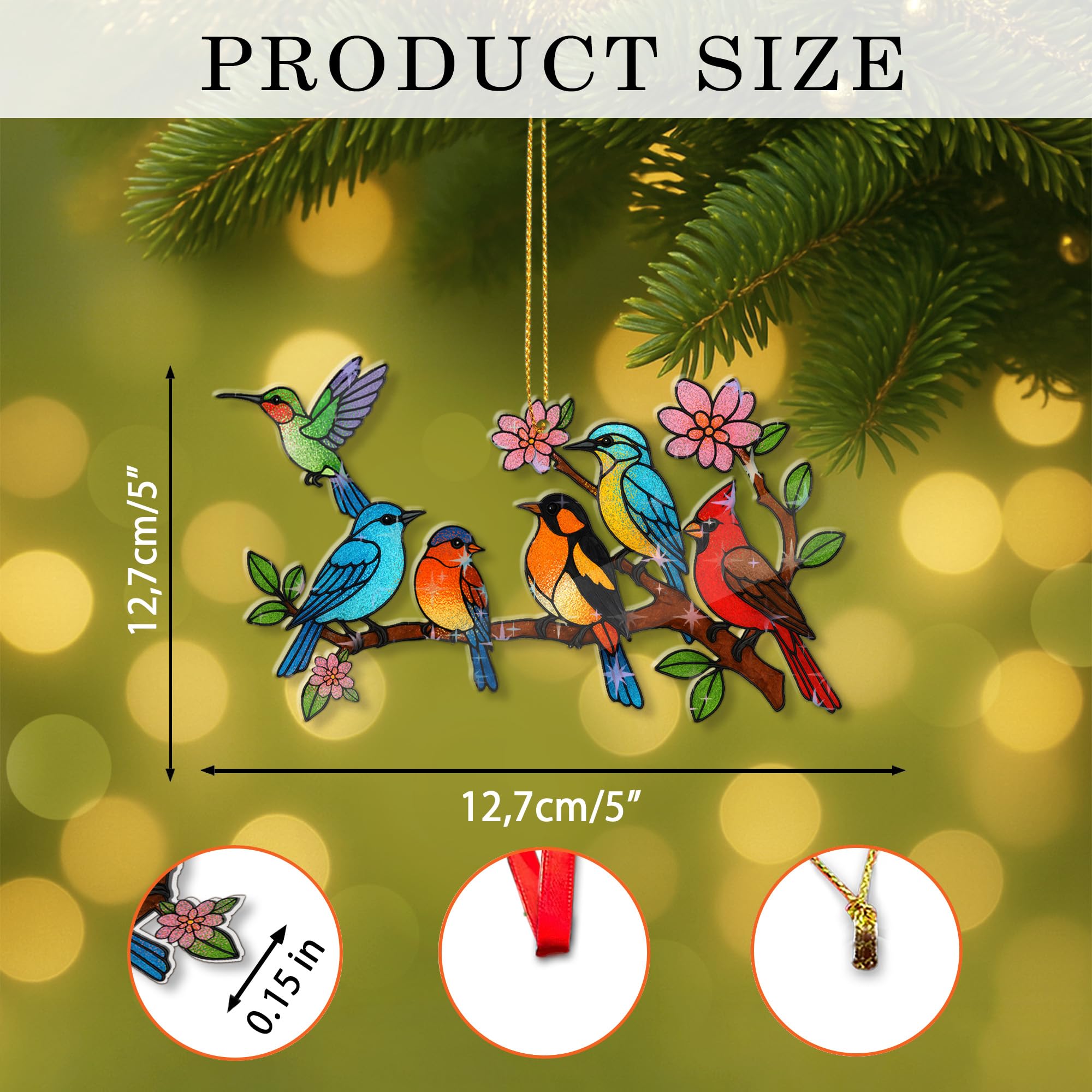 Hologram Bird On Branch Ornament Colorful Stained Glass Style Hanging Decoration for Christmas Tree, Window or Garden – Decorative Acrylic Birds Ornament Gift for Bird Lovers