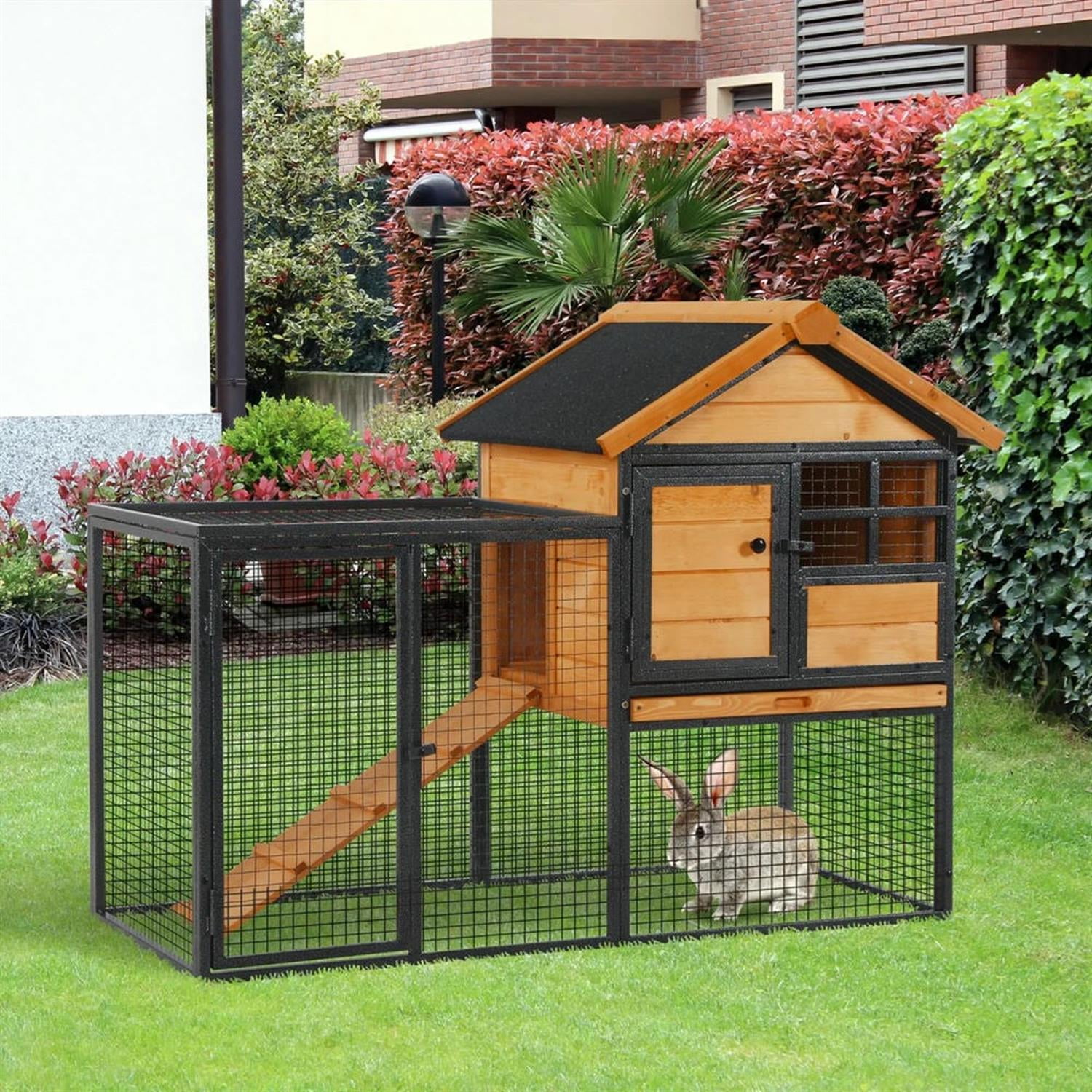 Demi Bonn 48" Wooden Rabbit Hutch with Slide-out Tray, Outdoor Small Animal Habitat Chicken Coop Bunny Cage for Bunnies, Guinea Pigs, Yellow