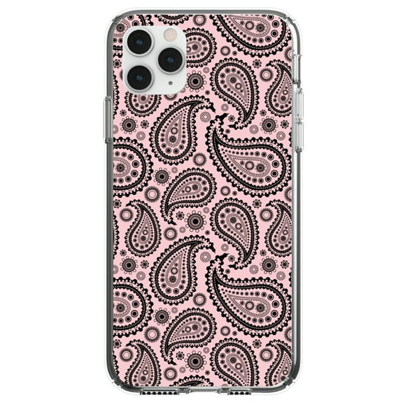 DistinctInk Clear Shockproof Hybrid Case for iPhone 13 Pro MAX (6.7" Screen) - TPU Bumper, Acrylic Back, Tempered Glass Screen Protector - Black & Pink Paisley