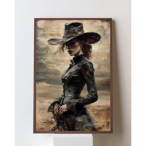 Western Gothic Dark Cowgirl Wall Art, Vintage Victorian Gunslinger Portrait, Moody Feminine Strength Decor, Impasto, Unframed Poster Size 8x12