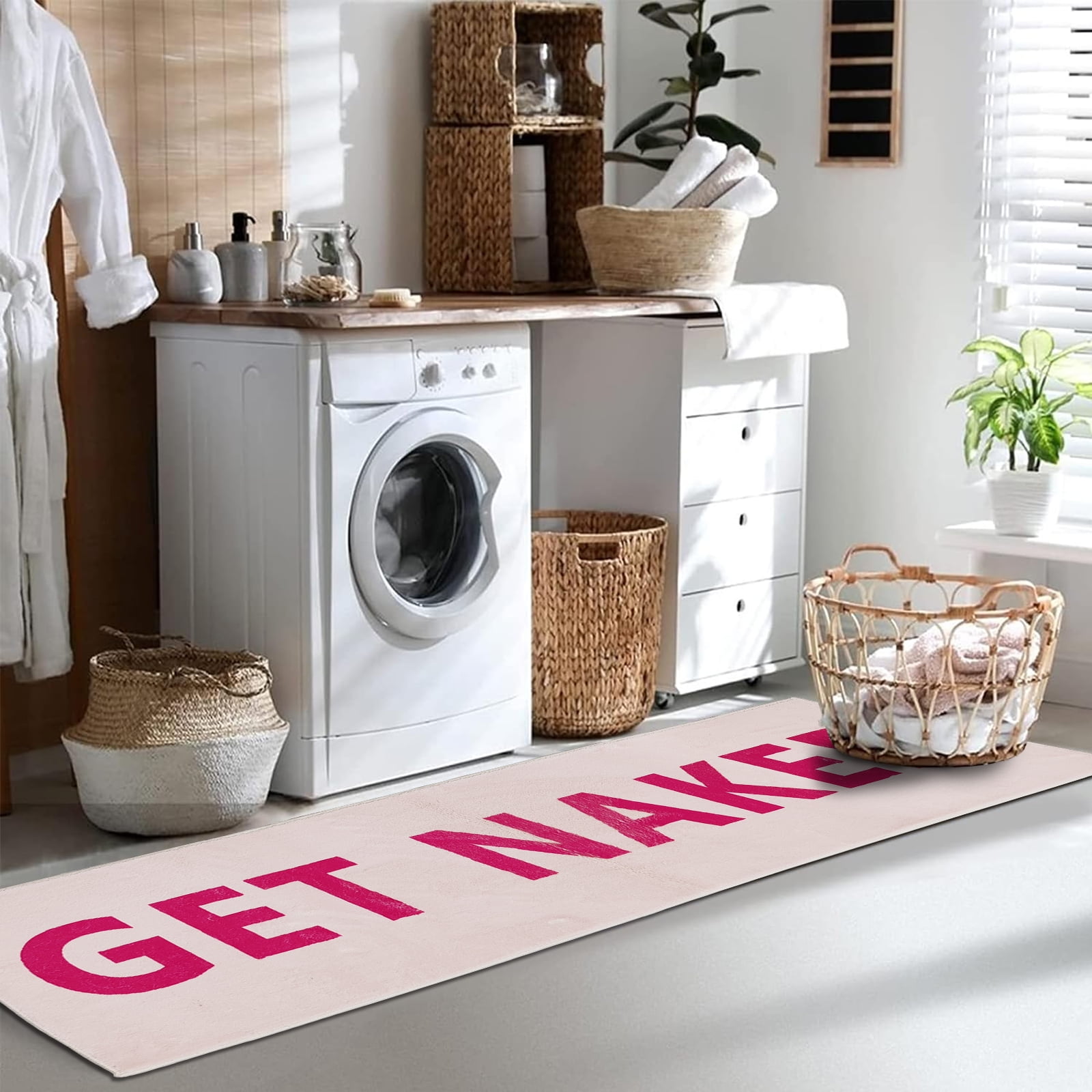 Pink Get Naked Bath Mat, Cute Long Hot Pink and White Runner Rug, Absorbent Non Slip Bathroom Mat, Funny Bathroom Decor for Bedroom Hallway Kitchen, Soft Plush Washable Shower Rug 16"×48"