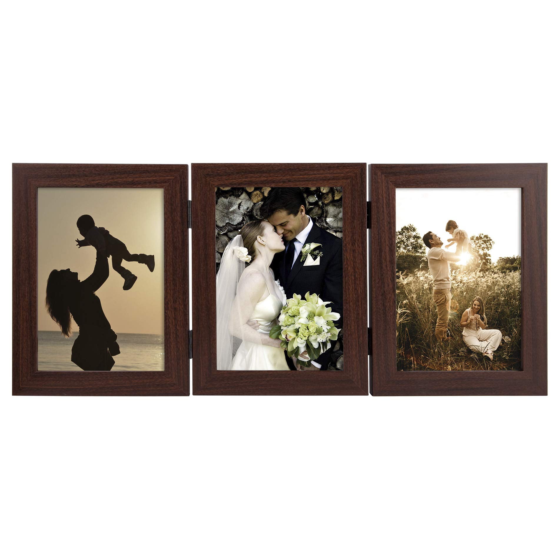 Golden State Art 3-Opening 5x7 Desk Top Hinged Family Decor Collage Picture Frame, Brown, 1-Pack
