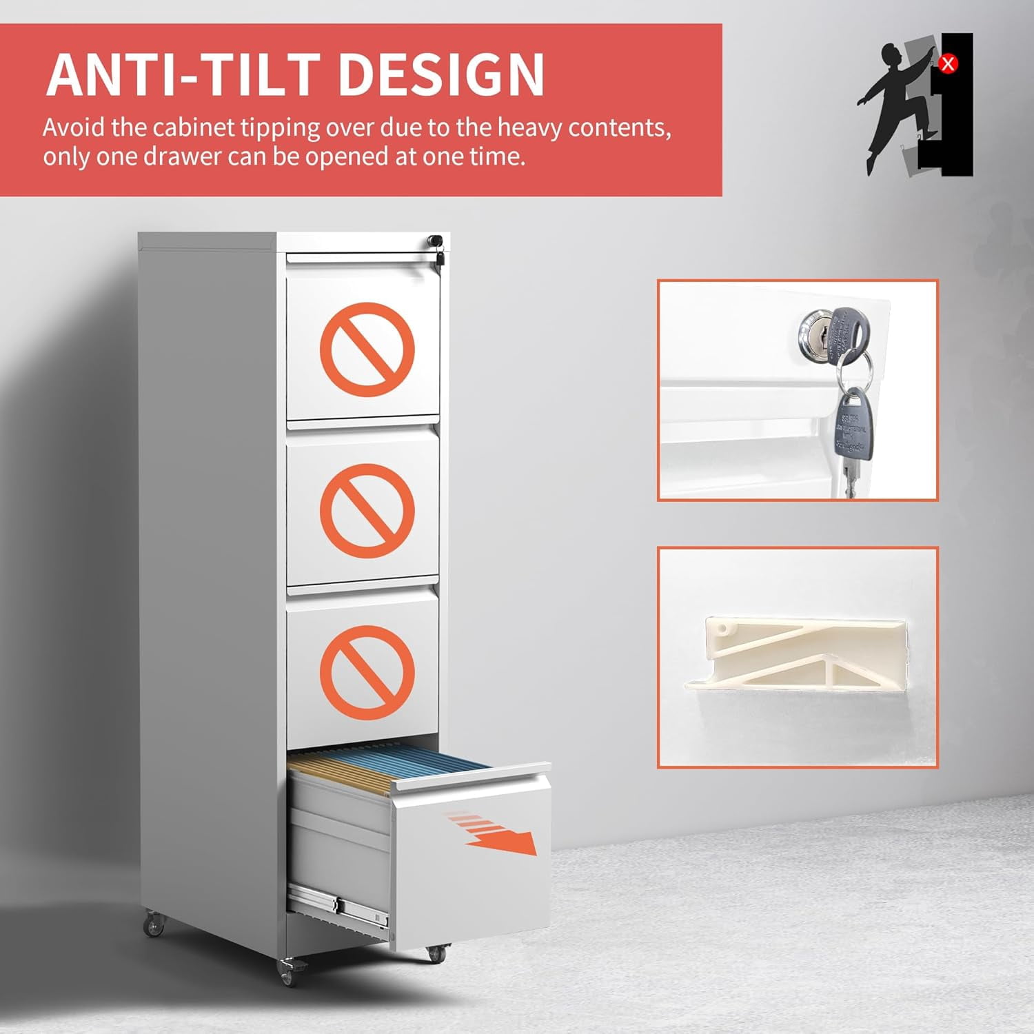 IKIMI 4-Drawer Vertical File Cabinets with Lock, Portable Rolling Metal Filing Cabinet for Legal/Letter/A4 Files, White