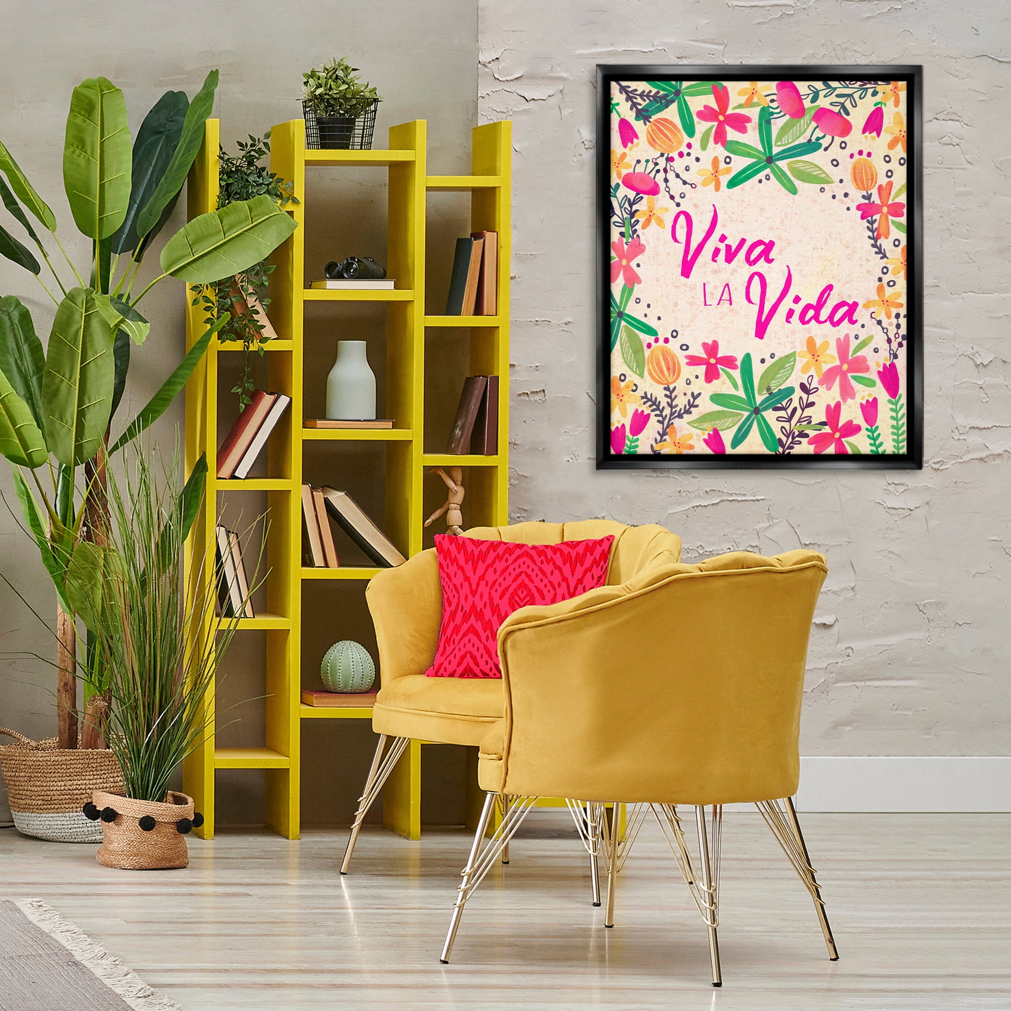 Stupell Industries Viva la Vida Flores Tropicales Inspirational Quotes & Sayings Painting Black Floater Framed Art Print Wall Art, 25 x 31
