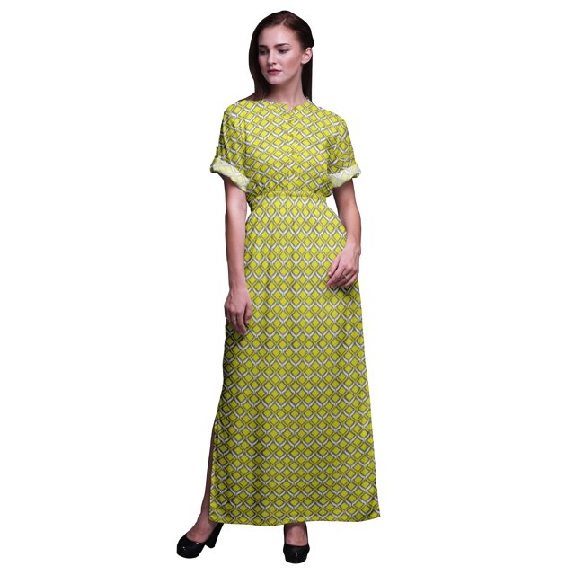 Bimba Rayon Ogee Ikat Womens Printed Side Slit SummerDressLong Maxi Gown-XSmall