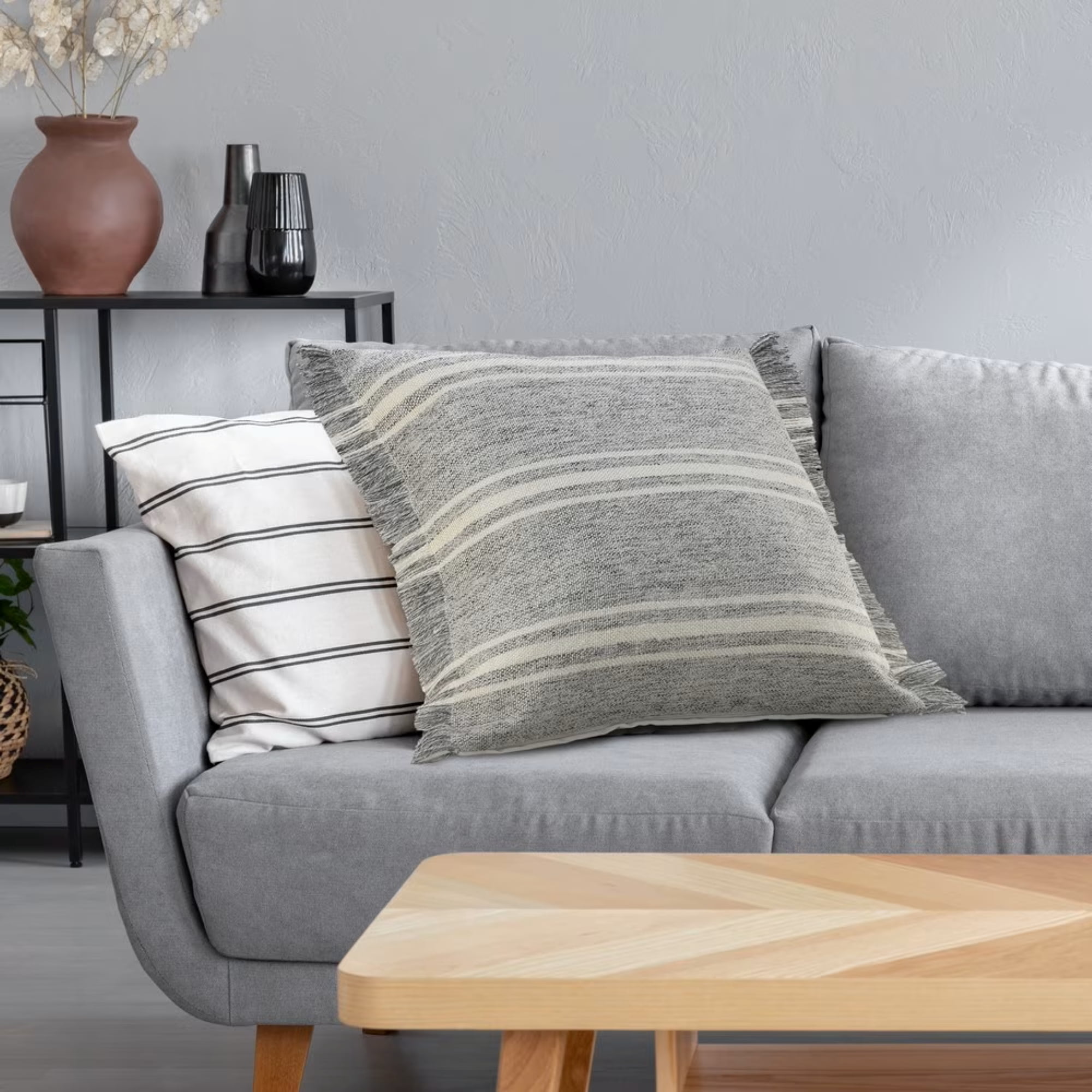 Ox Bay 24" x 24" Hand-Woven Gray/ White Stripe Resistant Polyester Pillow Cover