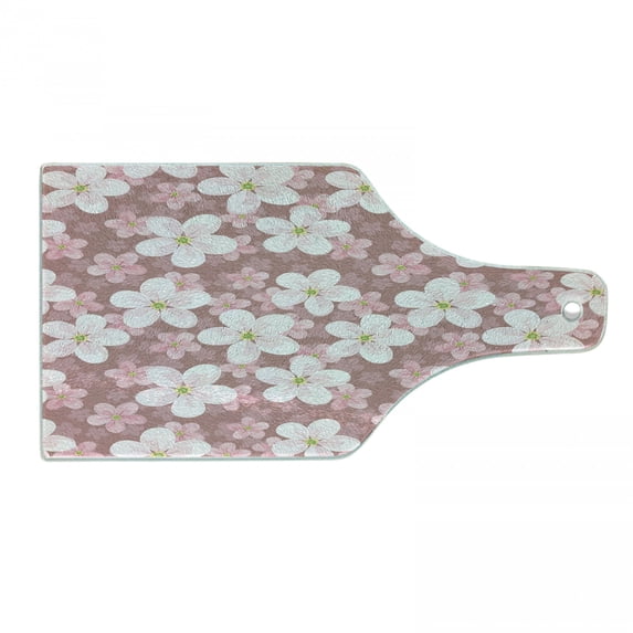 Flower Cutting Board, Cherry Blossoms Petal Plant Cartoon Sakura Floret Season, Decorative Tempered Glass Cutting and Serving Board, Wine Bottle Shape, Dried Rose White Green, by Ambesonne