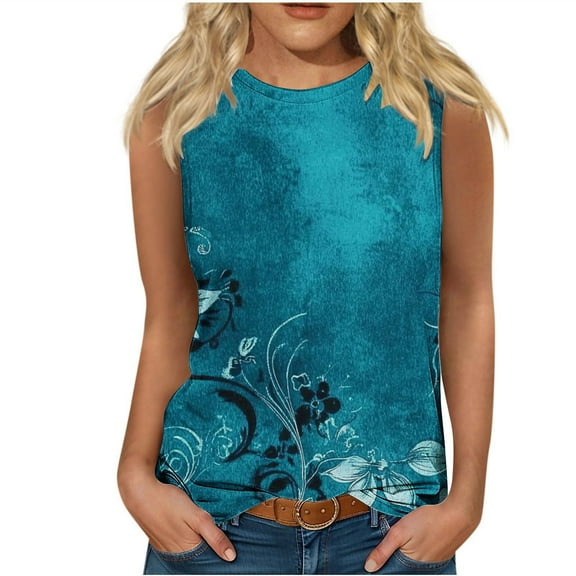 TKLPEHG Womens Tank Tops Crew Neck Tank Tops Loose Fitted Summer Fashion Print Tshirt Dressy Casual Blouses Womens Clothes (Blue,M)