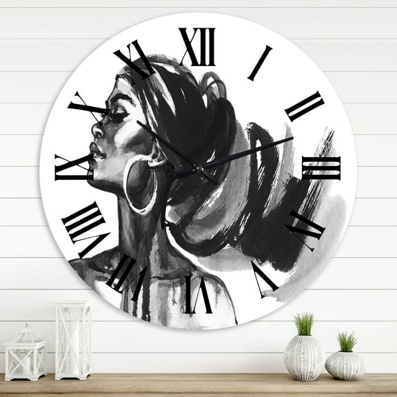 Designart 'Monochrome Portrait Of African American Woman Iv' Modern Wall Clock