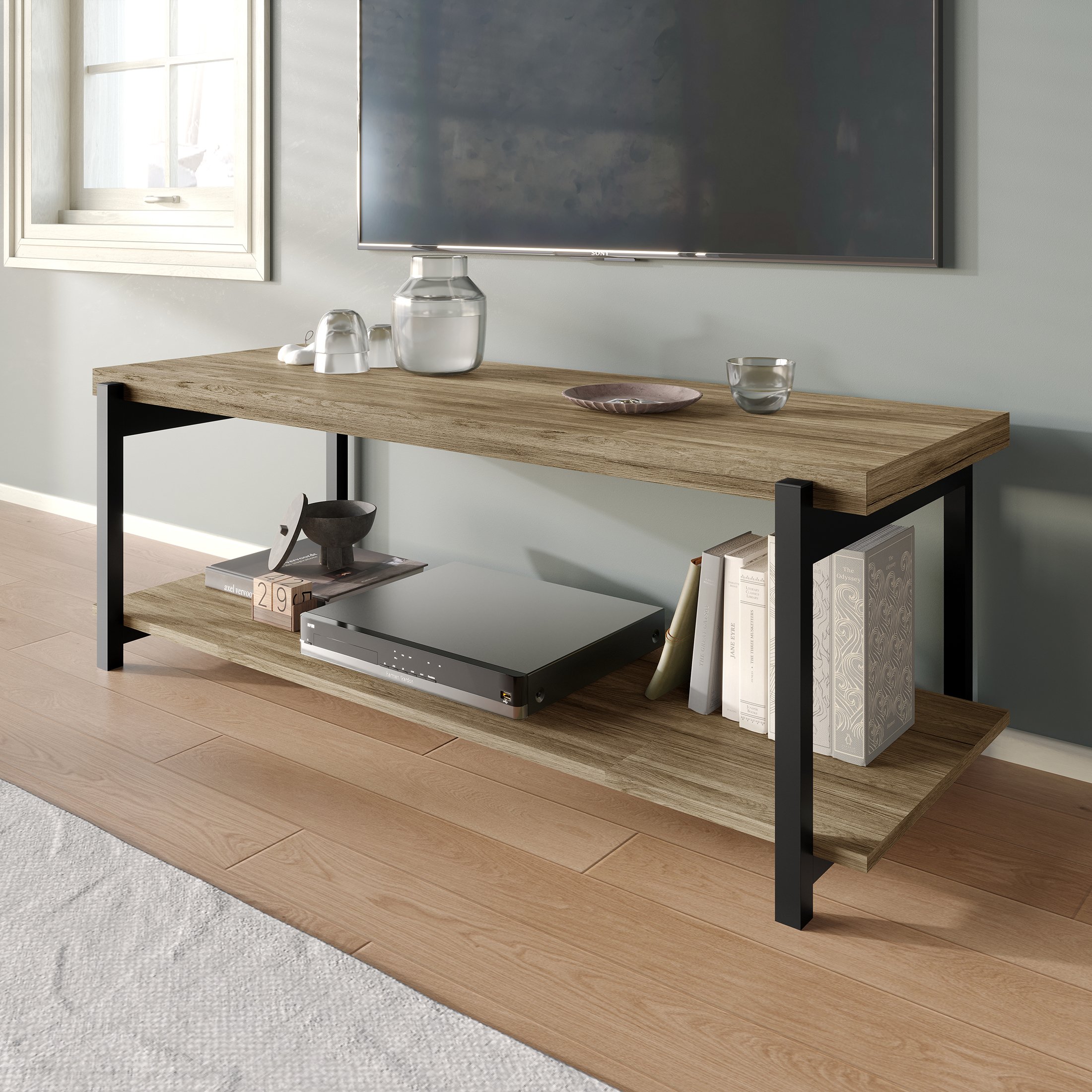 Castle Place Rustic Metal TV Console for TVs up to 48", Brown Oak