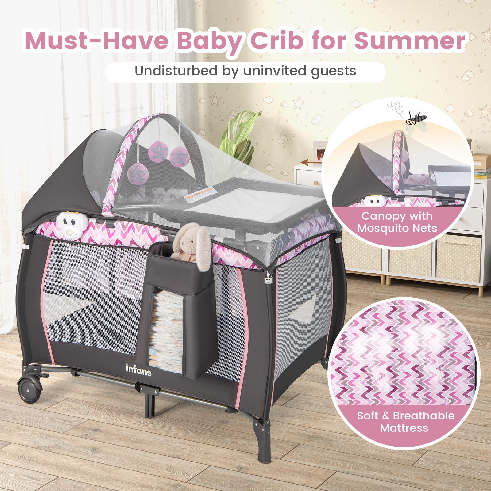 OLAKIDS 4 in 1 Pack and Play, Portable Travel Baby Playard with Bassinet, Changing Table, Canopy, Mosquito Net, Hanging Toys, Music Box, Storage Bag, Large Playpen from Newborn to Toddlers