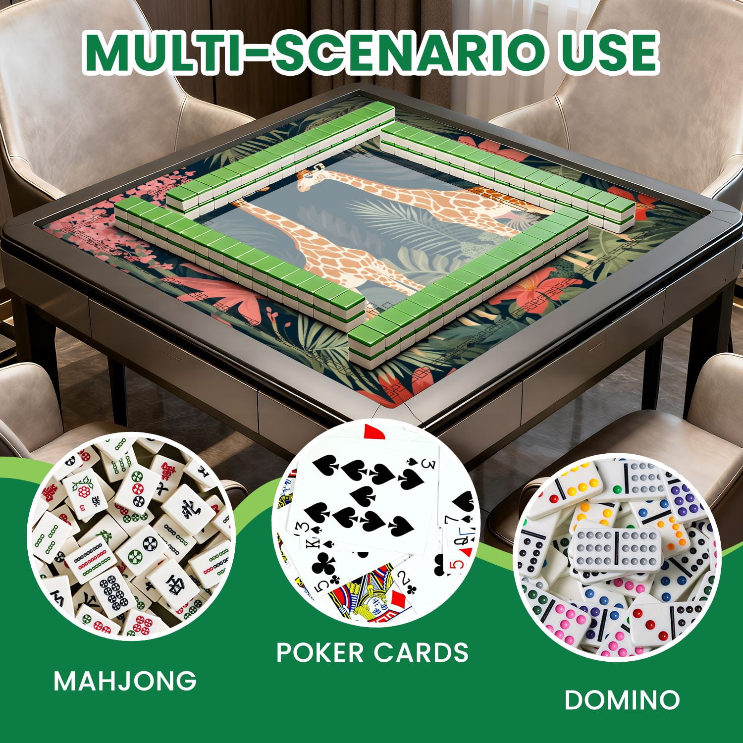 Mahjong Mat 31.5" x 31.5" Pair Giraffes Among Tropical Foliage Vibrant Flowers Non-Slip Noise Reduction American Mahjong Tiles Table Cover for Dominoes Poker Card Board Games Gift