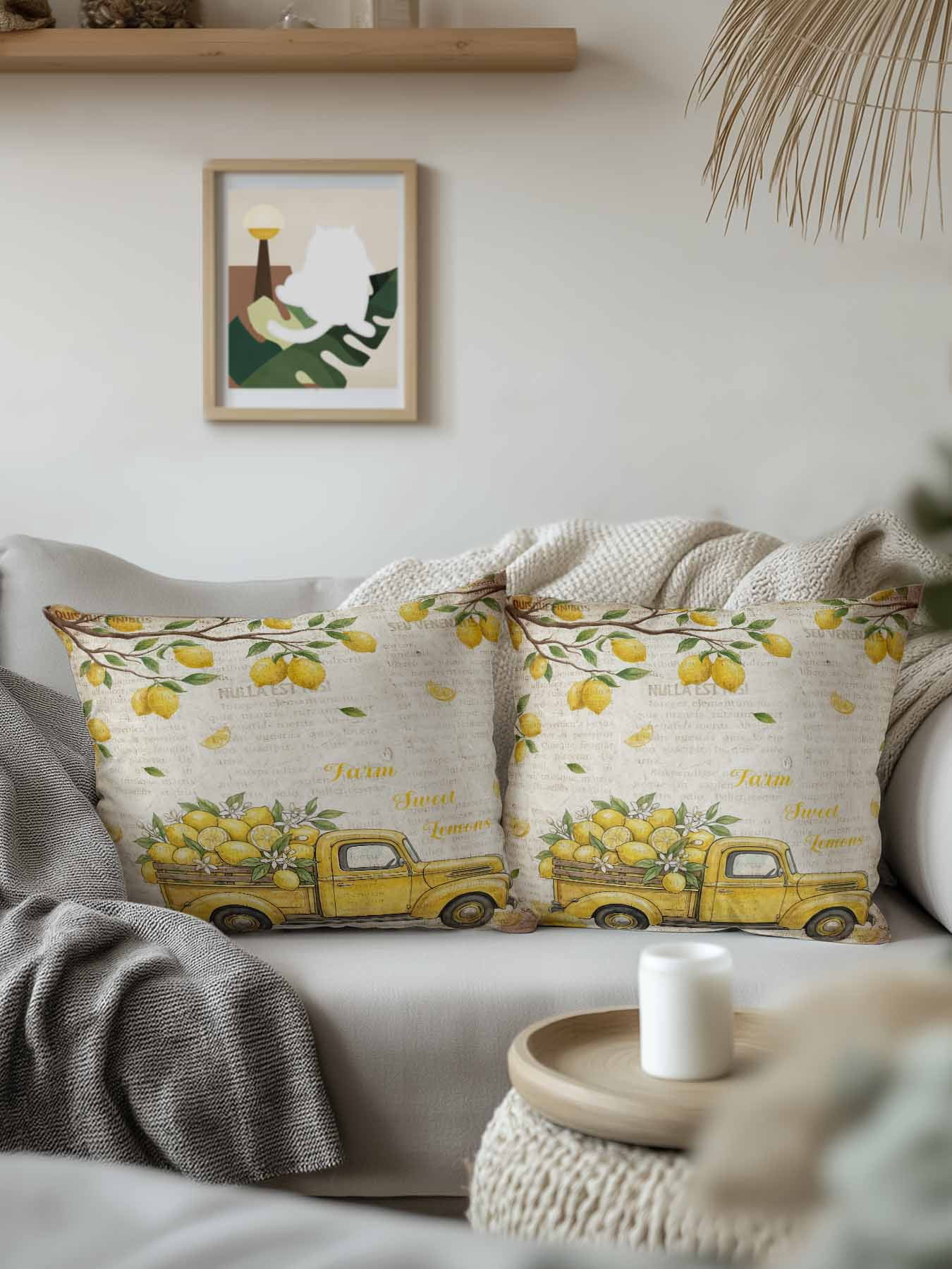 1 Pack Outdoor Pillows Waterproof, Lemon Truck Indoor/Outdoor Throw Pillows with Inserts, Summer Vintage Tropical Lemon Fruits Decorative Pillow for Patio Furniture Chairs Couch