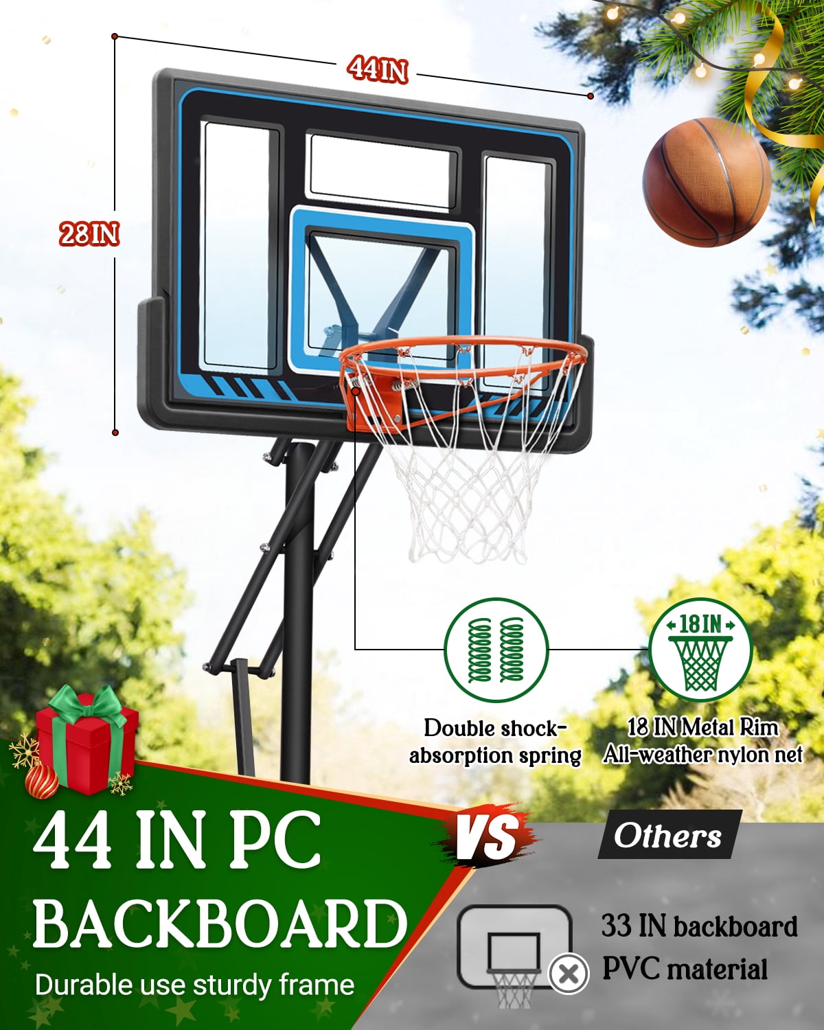 SERAY Basketball Hoop 4.9-10 feet Height Adjustable for Kids, Teens & Adults, 44 inch Backboard and Portable Wheels, Basketball Goal System for Outdoor/Indoor Sports