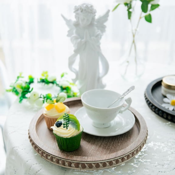 12in Round Gray Wood Beaded Tray - Farmhouse Decorative Serving Tray for Living Room, Kitchen, Dining Table