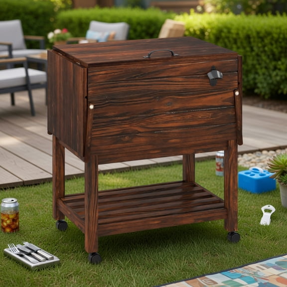 Topcobe 54 Quart Wooden Cooler Cart for Patio Rolling Ice Chest with Shelves, Portable Water Cooler, Cooler with Wheels-Brown