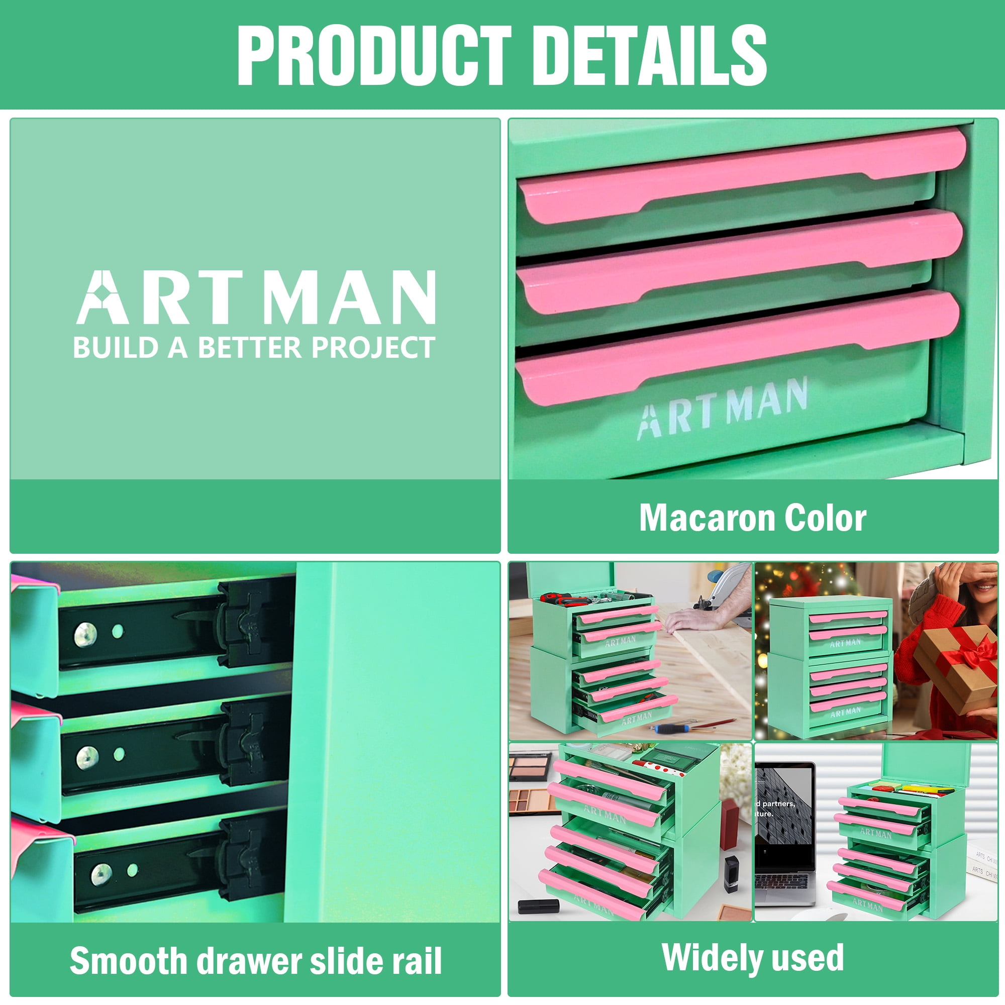 JXXRZ Mini Desktop Storage Box with 5 Drawers, Desk Organizer for Office, Stationery & Cosmetics, Green-Pink