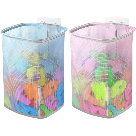 2 Packs Bath Toy Storage Organizer, Hanging Mesh Bathtub Toy Holder Basket with Adhesive Hooks, Shower Caddy for Kids Toddlers Bathroom Car Toy (Blue & Pink)