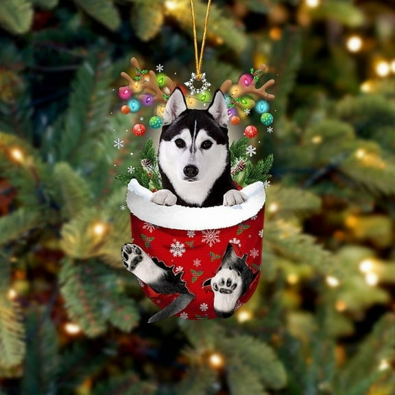 Acrylic 2D FLAT - Husky In Snow Pocket Christmas Ornament Flat Acrylic Dog Ornament - Holiday Tree Decoration