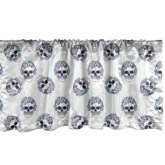 Ambesonne Hipster Valance Pack of 2, Skull with Headphones, 54"X18", Indigo Pale Sky Blue