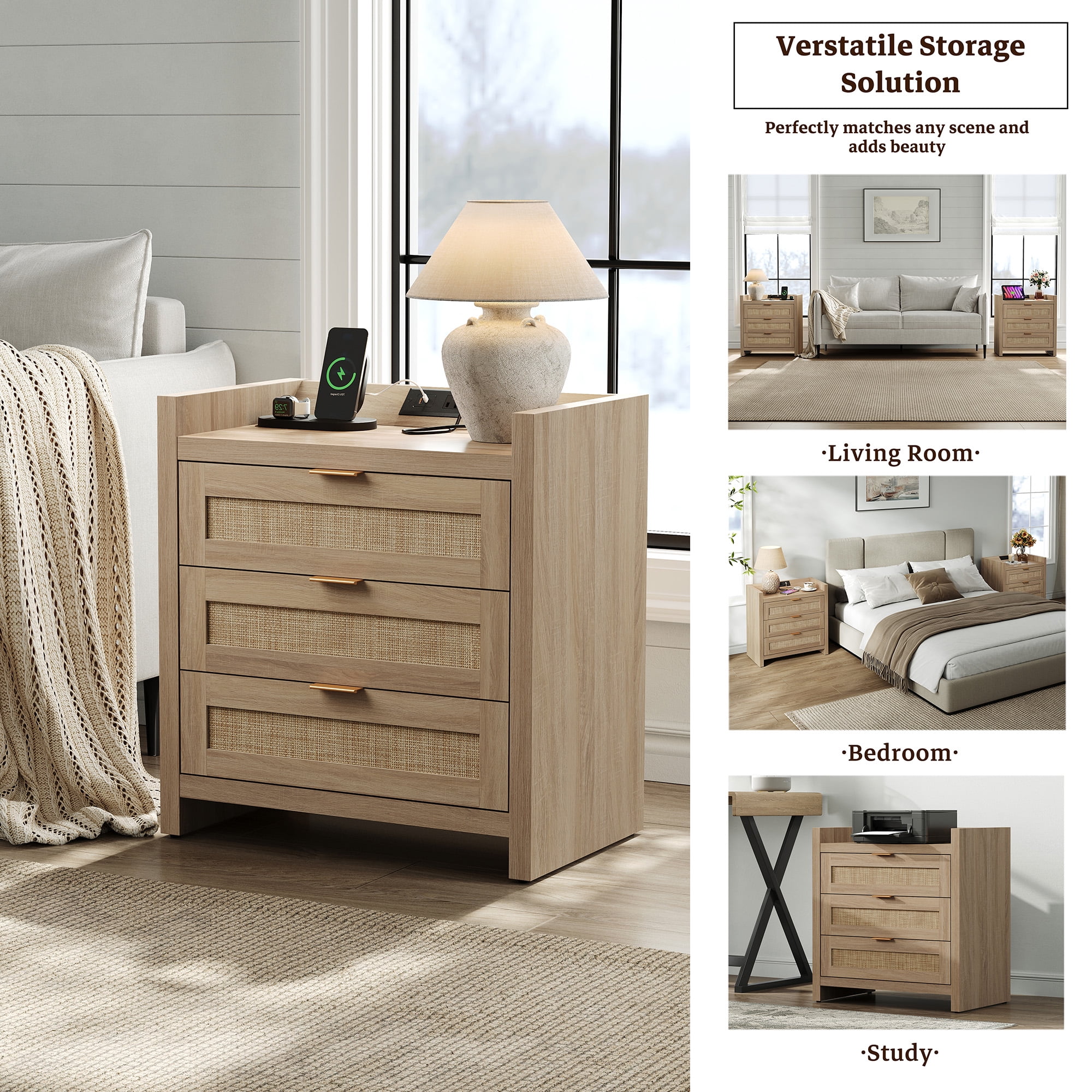 SICOTAS 26.57"H Tall Boho Night Stands Set 2 with Charging Station, Rattan Farmhouse Nightstands with 3 Drawers and Type-c Ports End Table Bed Side Table for Bedroom Enrtyway Livingroom,Light Oak