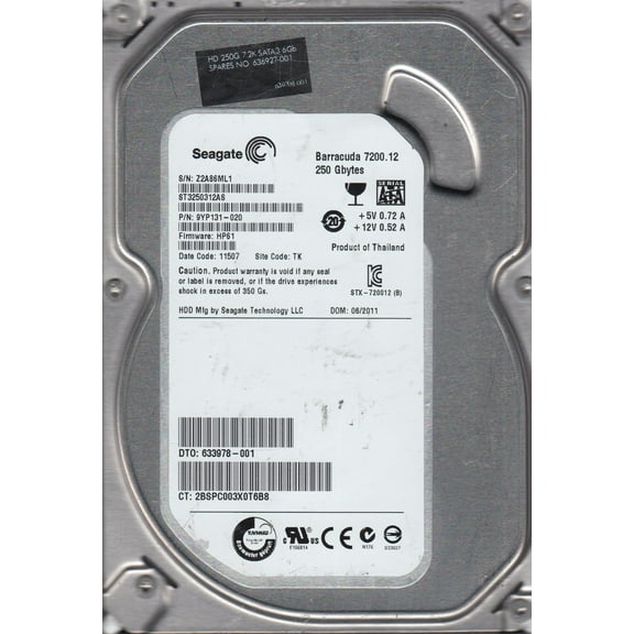 ST3250312AS, Z2A, TK, PN 9YP131-020, FW HP61, Seagate 250GB SATA 3.5 Hard Drive