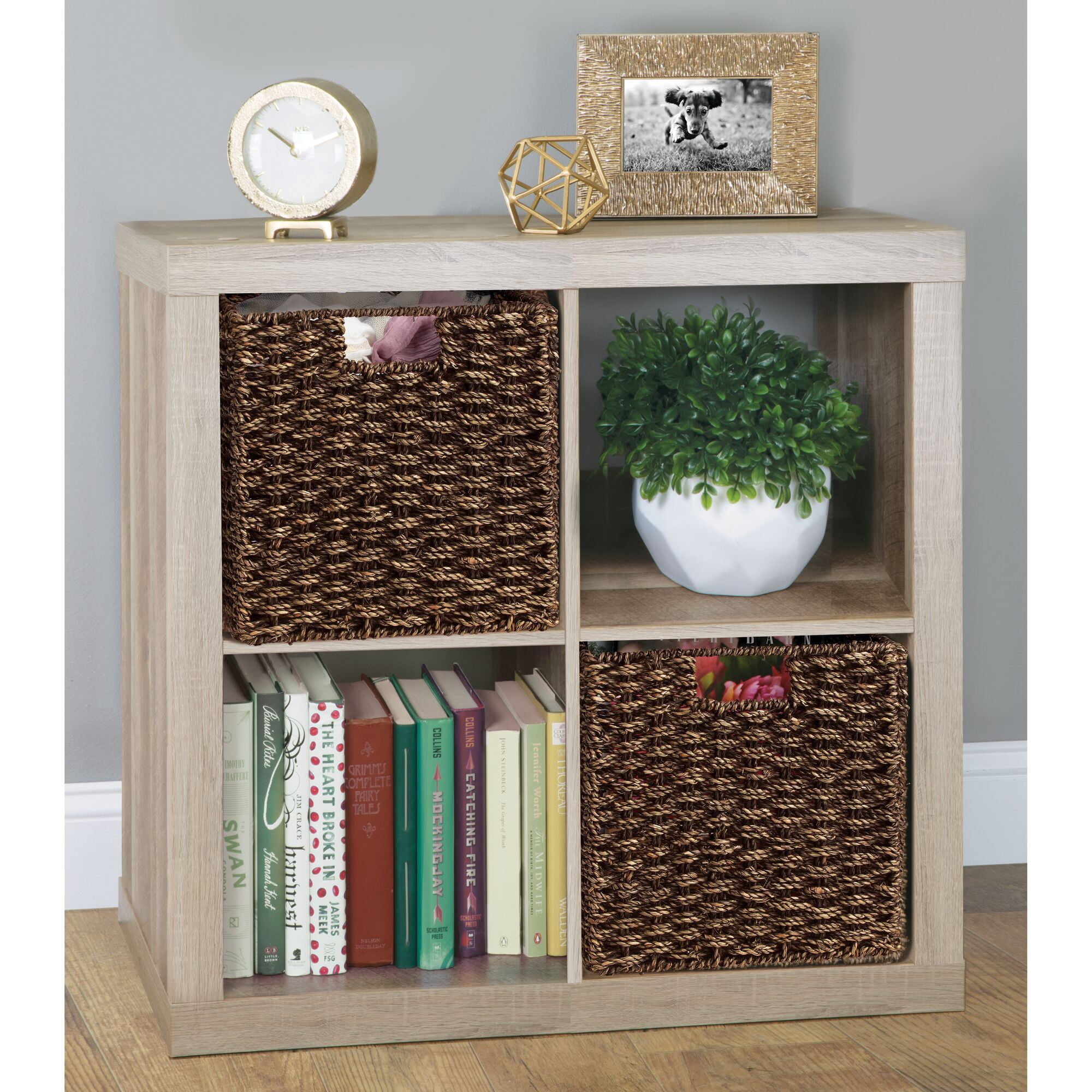 mDesign Seagrass Woven Cube Bin Basket Organizer, Handles, 6 Pack, Brown Wash