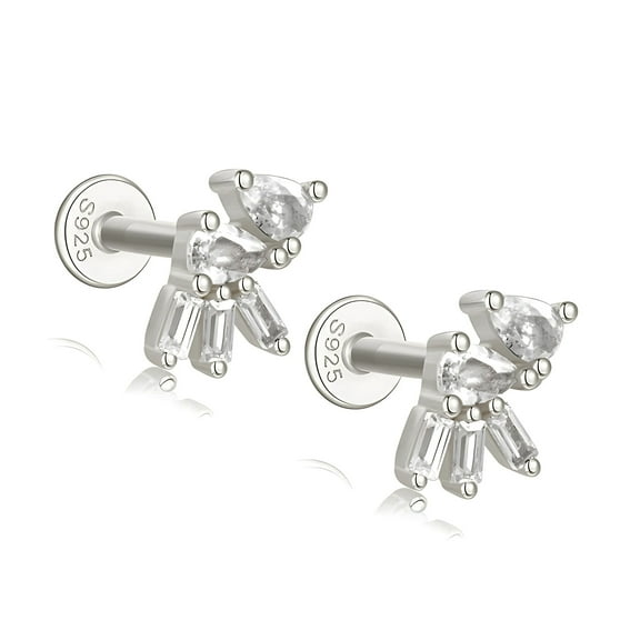 Pear Baguette CZ Flat Back Earrings for Cartilage Helix Tragus Lobe 16g 8mm Sterling Silver 1 pair by Ginger Lyne