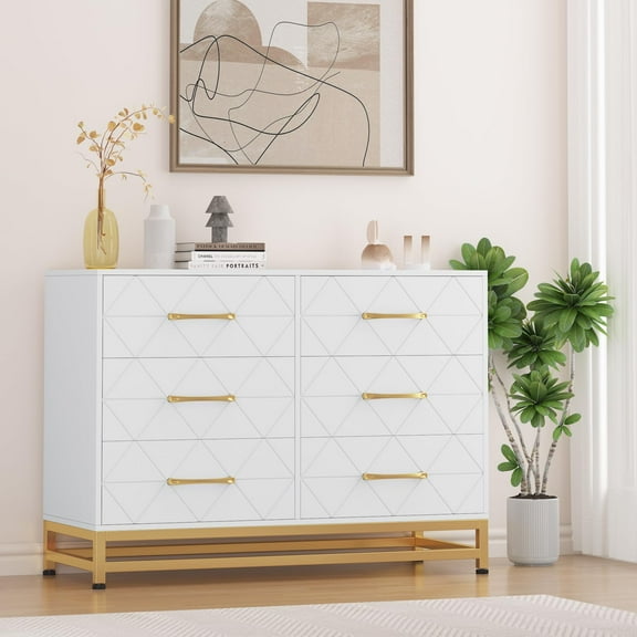 6 Drawer Dresser, Wide Chest of Drawers with 6 Drawers, Large Storage Cabinet with Metal Base and Metal Handles, Modern Design Dresser for Bedroom, Living Room, Porch