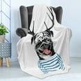 thumbnail image 4 of Pug Soft Flannel Fleece Throw Blanket, Hipster Dog with Antlers Hand Drawn Surreal Funny Illustration Happy Pug Image, Cozy Plush for Indoor and Outdoor Use, 60" x 80", Black Blue White, by Ambesonne, 4 of 5