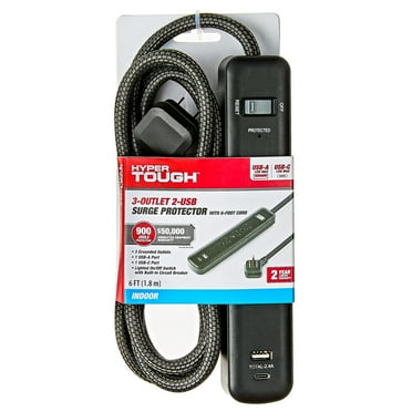 Hyper Tough 3-Outlet 2-USB(1A 1C ) Indoor Surge Protector 900J with 6' Braided Cord, Low Profile Plug 15A 125V, Black