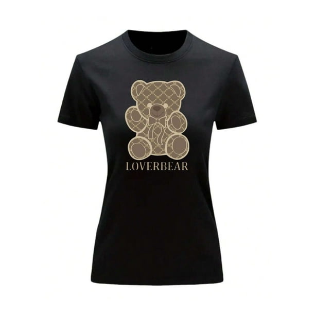 Playera Blusa Con Impresion De Oso LoverBear Con Fondo De Dinero Ropa De Mujer Juvenil Color Negro Talla Chica Marca Emil SaEs