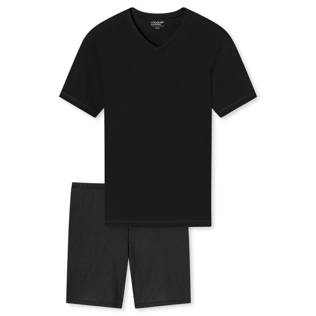 UNCOVER by SCHIESSER Conjunto de Pijama para Hombre de 2 Piezas - Corto, Cuello en V, Algodón, liso/estampado Negro L (Large)