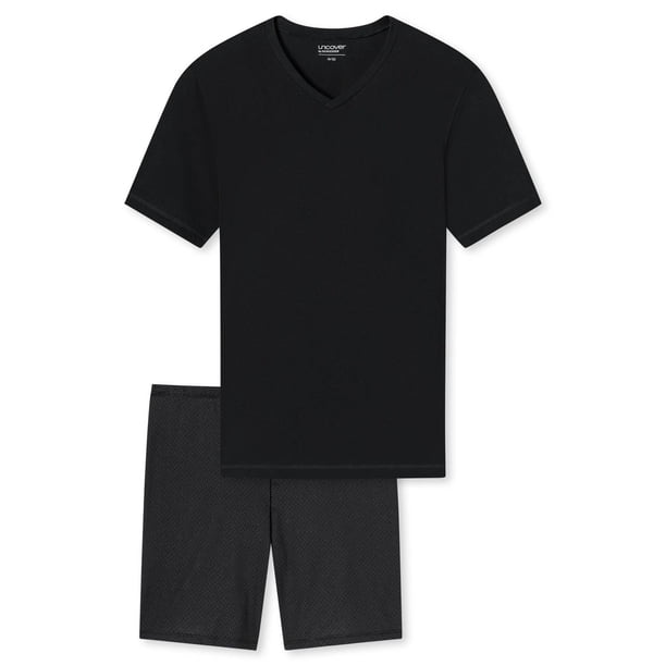 UNCOVER by SCHIESSER Conjunto de Pijama para Hombre de 2 Piezas - Corto, Cuello en V, Algodón, liso/estampado Negro L (Large)