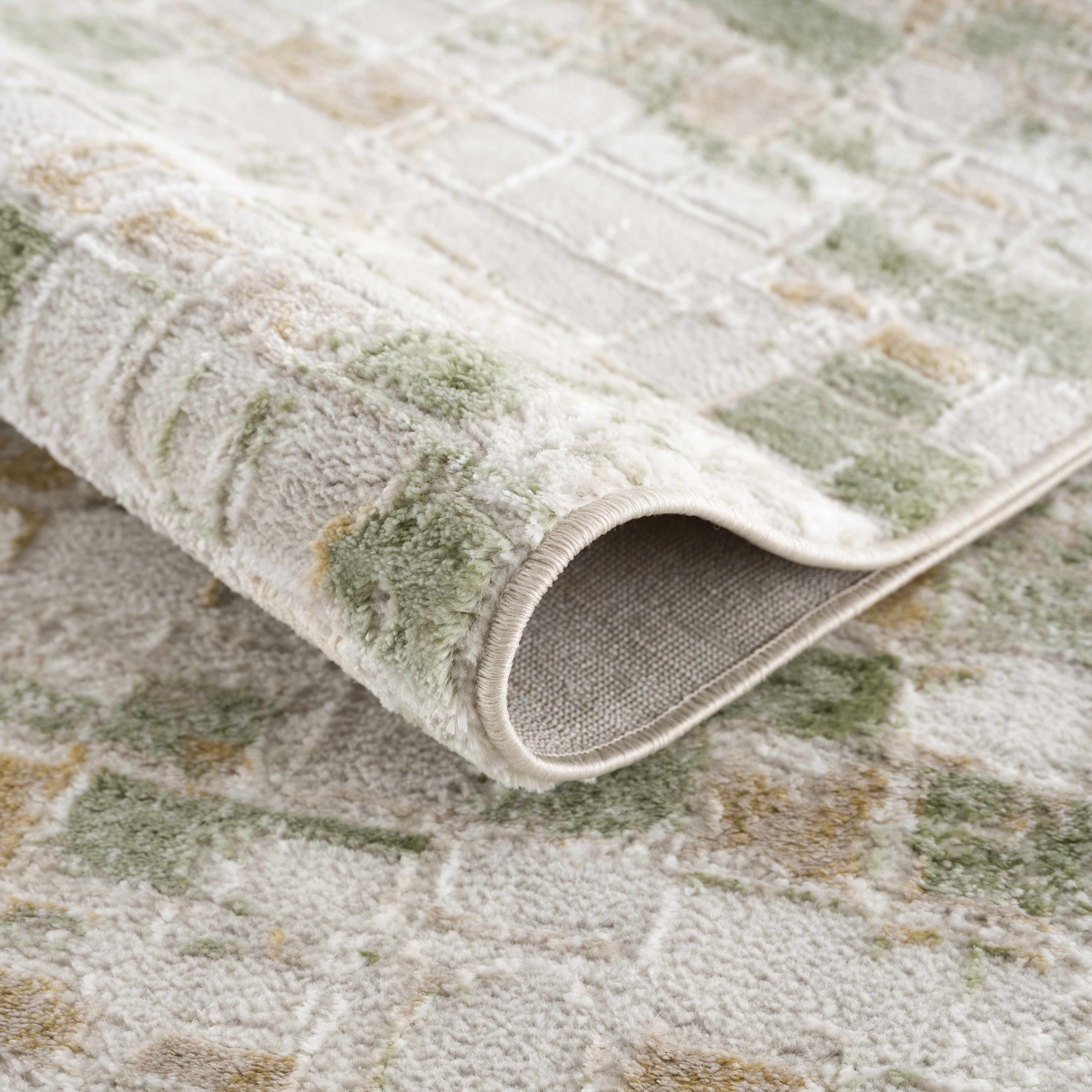 Hauteloom Liverpool Modern Abstract Bedroom Living Room Area Rug - Square Tile Carpet - Contemporary Bohemian Farmhouse - Green, Brown, Cream, Beige, Ivory - 7'10" x 10'