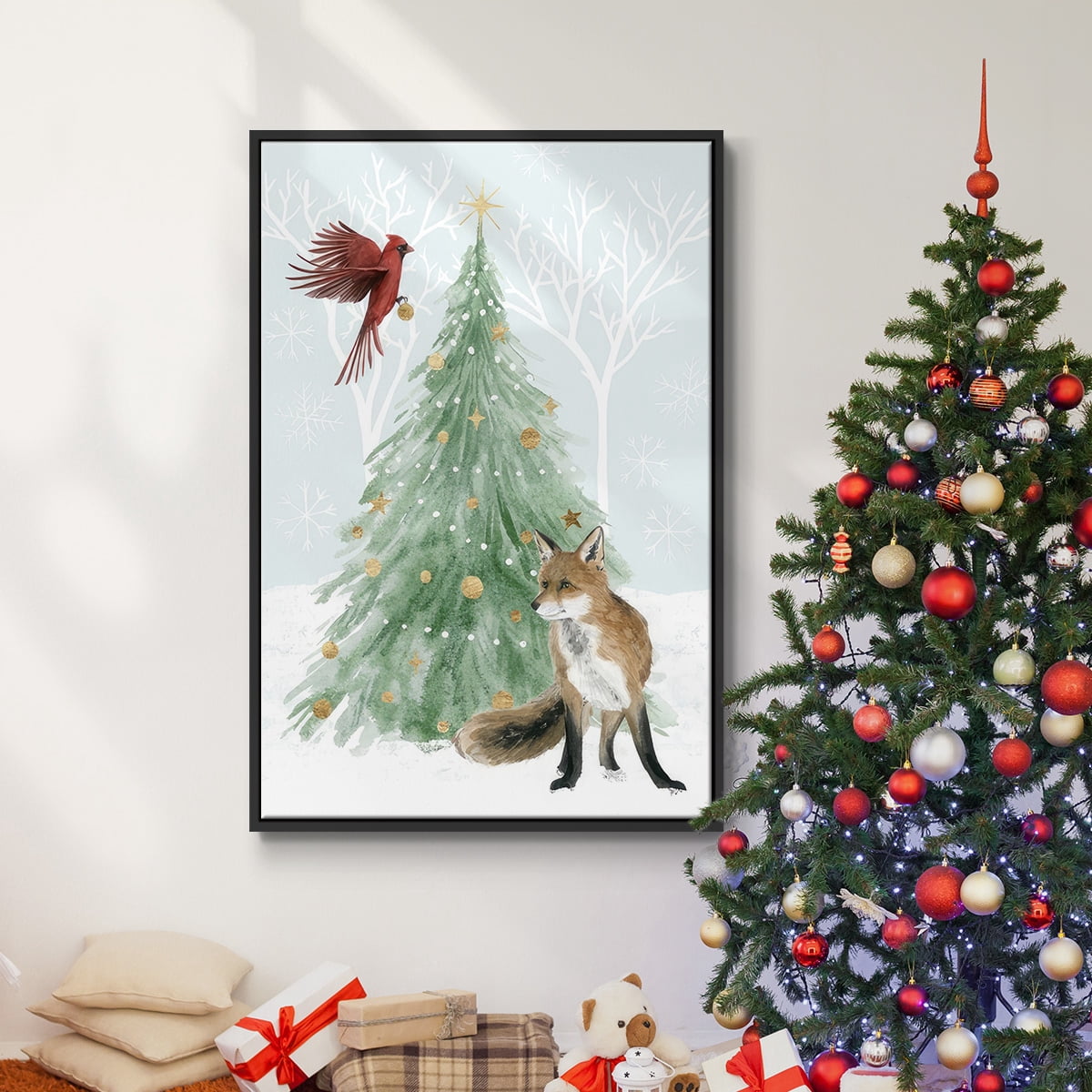 Christmas in the Forest Collection B - Framed Gallery Wrapped Holiday Canvas - 27 x 41 - Black Frame