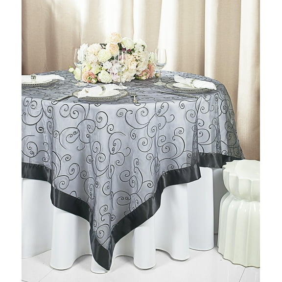 Wedding Linens Inc. 85"x85" Embroidered Organza Sheer Table Overlay Toppers - Pewter/ Charcoal