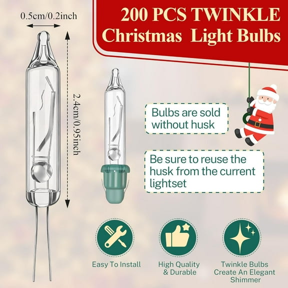 YJYASX-200 Count Replacement Twinkle Christmas Light Bulbs, 7 Volts1.05 Watt 0.15A Mini Twinkling Christmas Tree Incandescent String Light Replacement Bulbs, Clear, Warm White, Not Included Base